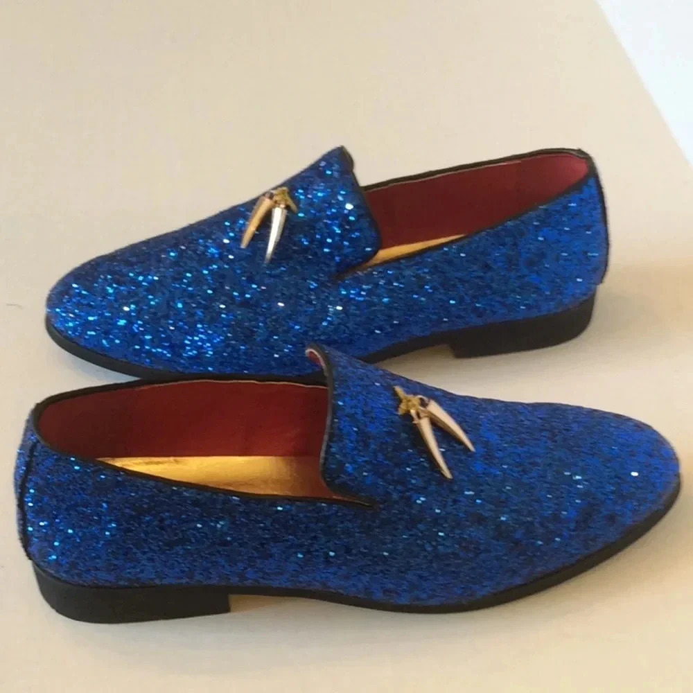 💎 Blue Glitter Loafers Gold Tassels Size US8 Euro41 - Picture 10 of 11